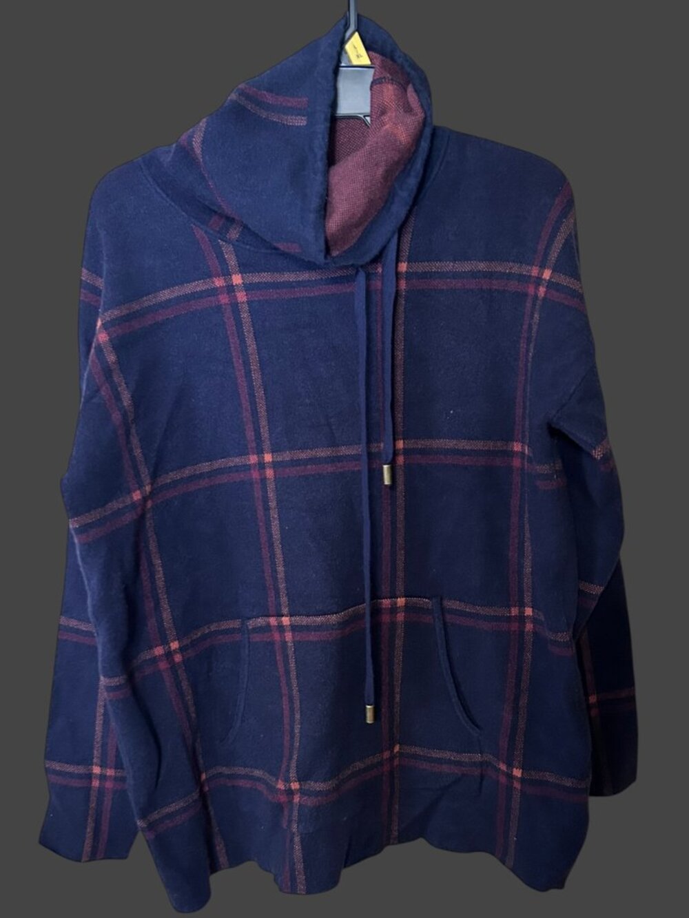 Max Studio Navy Plaid Cowl Neck Drawstring Sweatshirt Pocket Size L